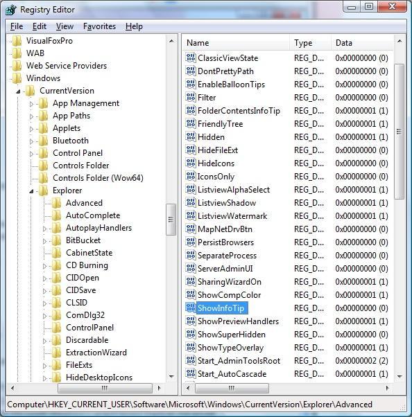 Regedit Showinfotip