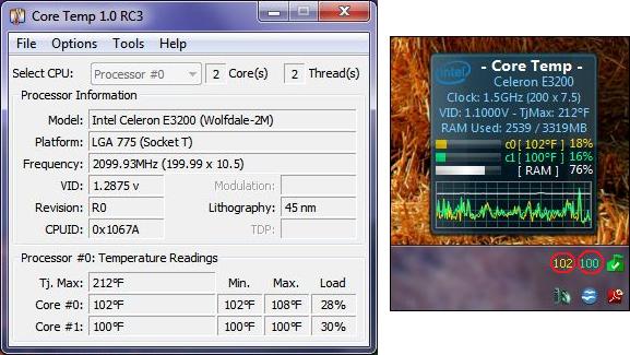 CoreTemp CPU temperature monitoring program plus the Windows 7 and Vista gadget. Taskbar Notification area readings are circled in red.